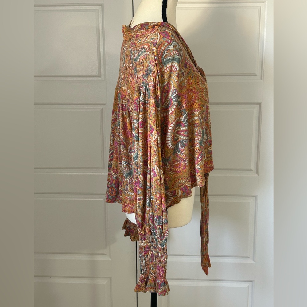 Free People Red and Orange Bell Sleeve Blouse with Tie Front - Picture 3 of 10